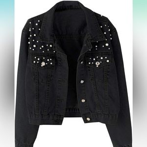 Black denim jacket with pearl detailing